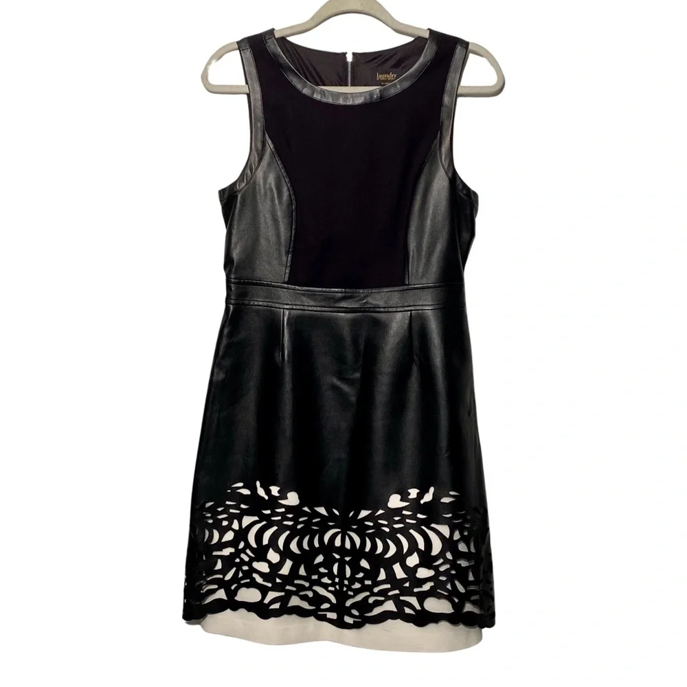 laser cut faux leather dress Laser Cut Faux Leather Detailed Satin Dress